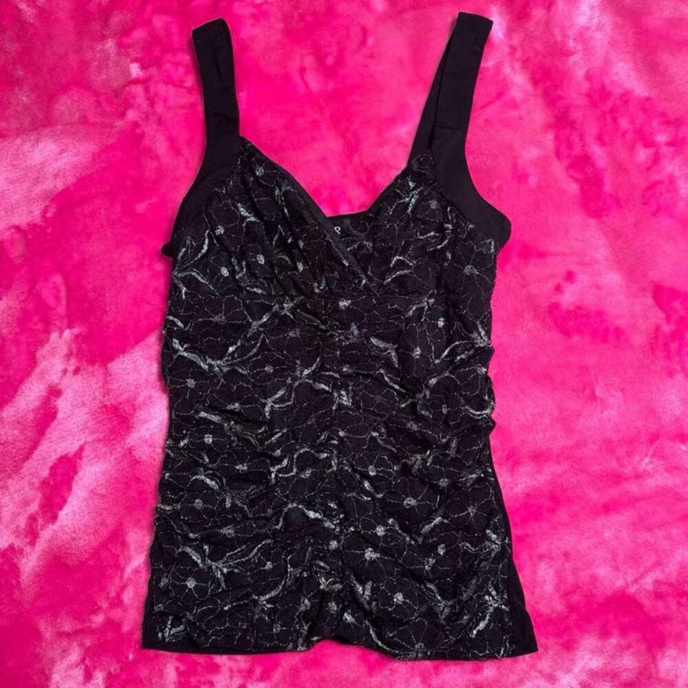 A Byer Y2K Black Lace Overlay Ruched V Neck Cami Fairy Grunge Tank Top Size S